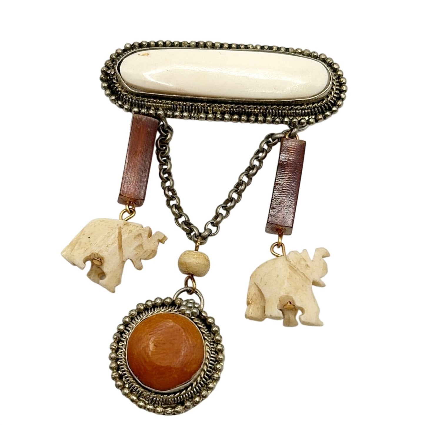 Vintage Silver Tone Metal Carved Animals on Large Bar Pin Brooch