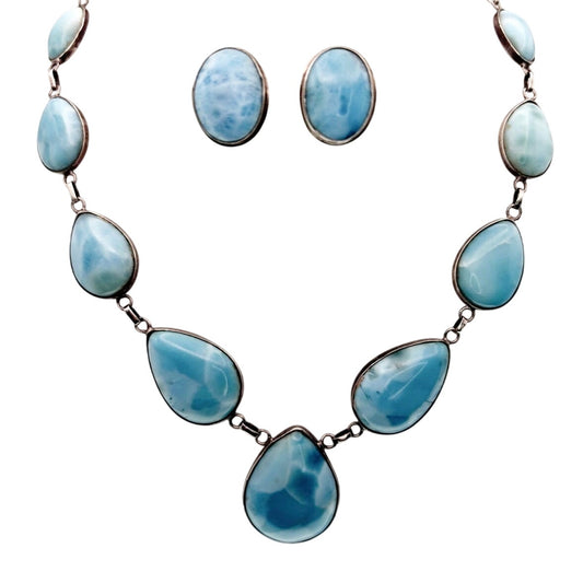 Sterling Silver And Larimar Gemstones Necklace 18” and Clip on Earrings Set