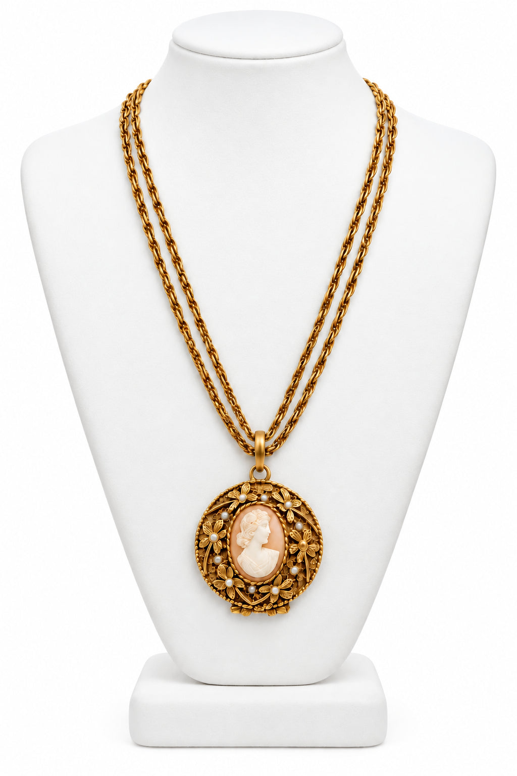Goldette Signed Vintage Long Necklace And Shell Locket Cameo Pendant 28”