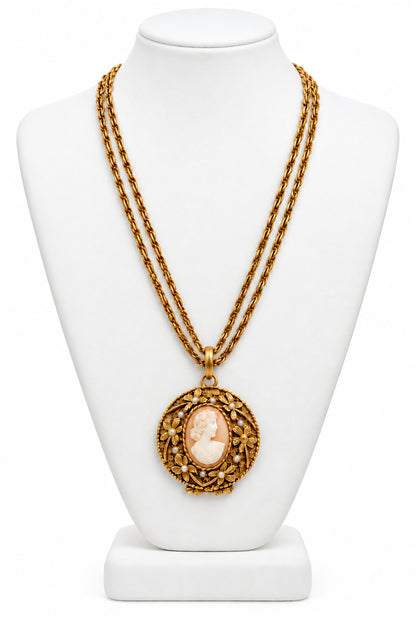 Goldette Signed Vintage Long Necklace And Shell Locket Cameo Pendant 28”