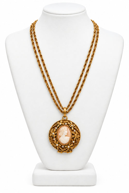 Goldette Signed Vintage Long Necklace And Shell Locket Cameo Pendant 28”