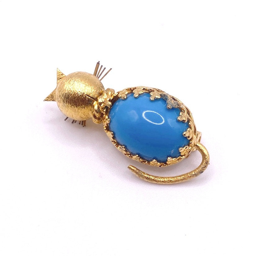 Cat Small Pin Jelly Belly Style Faux Blue Turquoise Tone Cabochon