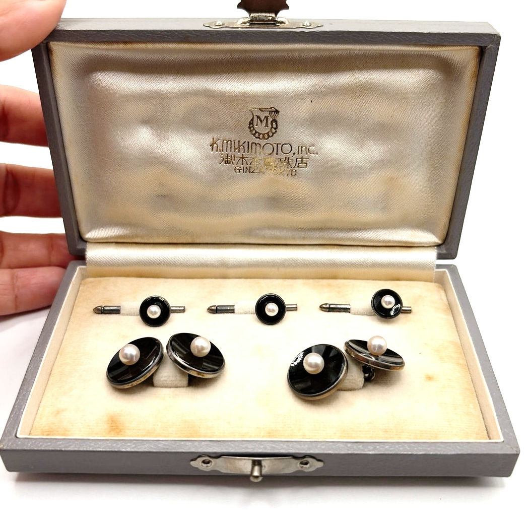 Mikimoto Vintage Sterling Silver Cufflinks & Shirt Stud Set Onyx Pearl Art Deco