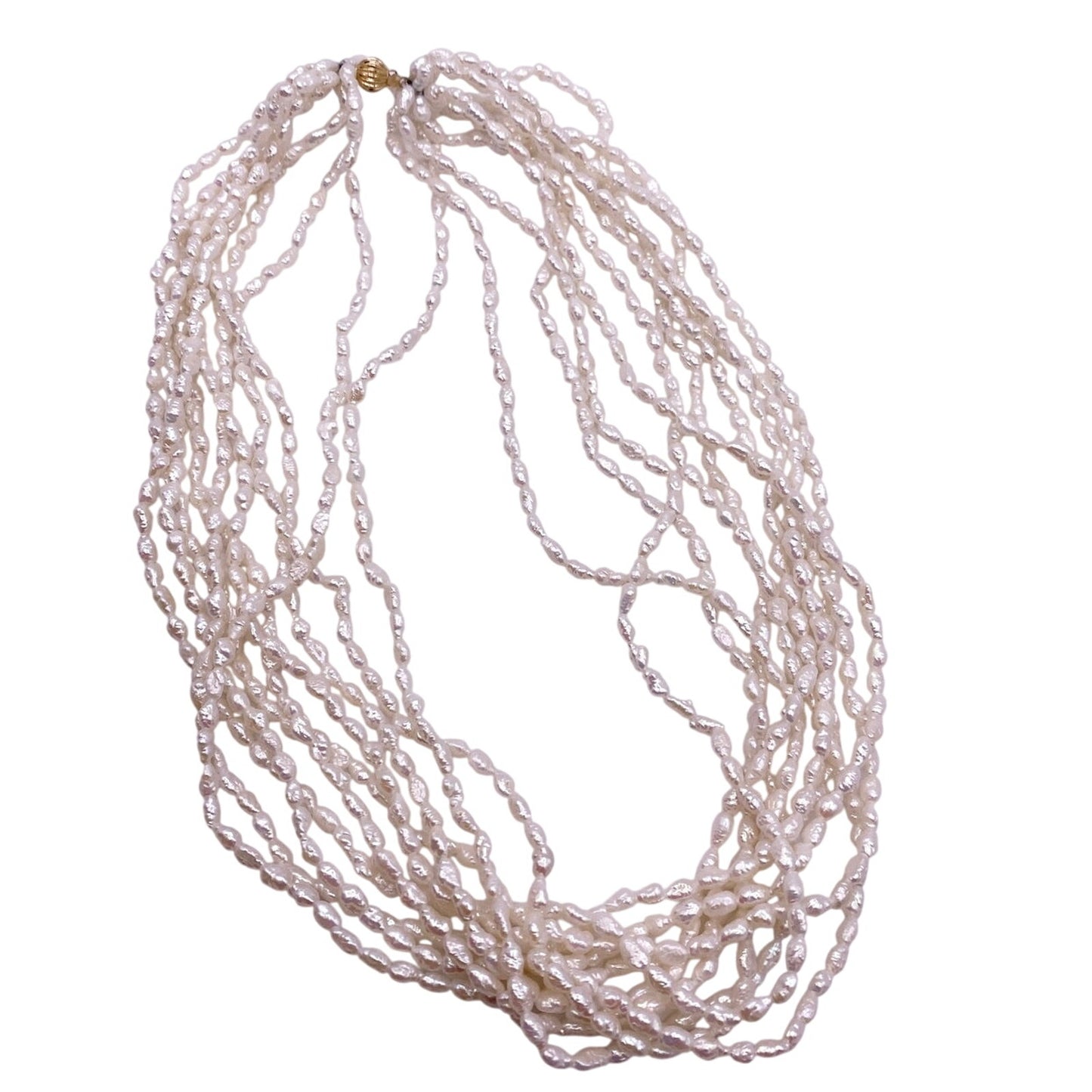 PJS Signed and 14K Closure Vintage Rice Mother of Pearl Multilayered Necklace 16”