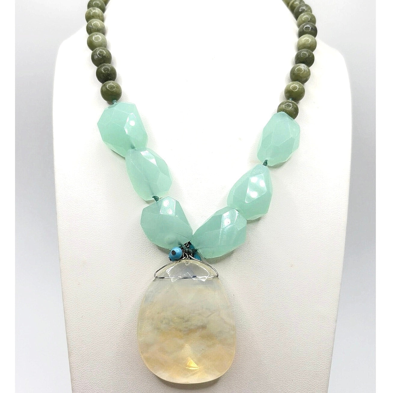 Vintage Handmade Gemstones Necklace Chalcedony  Agate and Opaline Pendant 16”