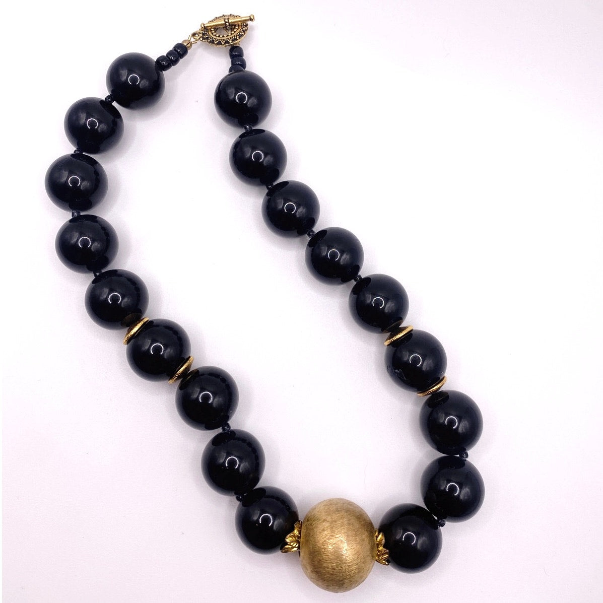 Vintage Black Onyx And Venetian Metal Golden  Spheres Chunky Necklace 14”