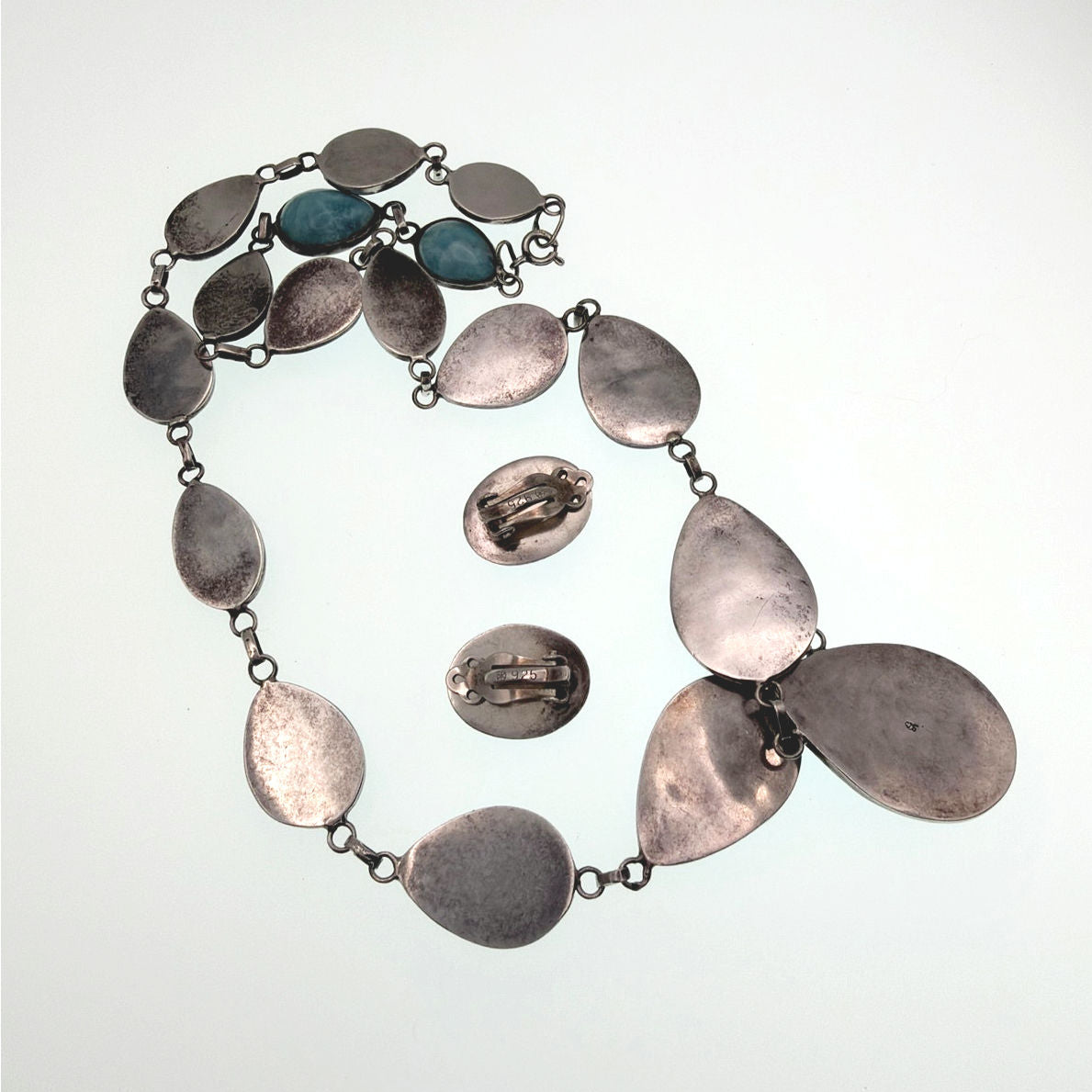 Sterling Silver And Larimar Gemstones Necklace 18” and Clip on Earrings Set