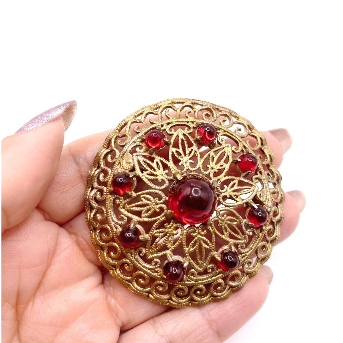 Vintage Filigree Gold Tone Brooch Molded Red Glass 2”