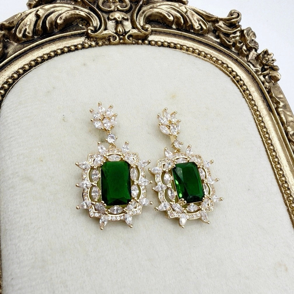 Gold Plated Cubic Zirconia Green Emerald Stone Dangling Earrings 1” Long
