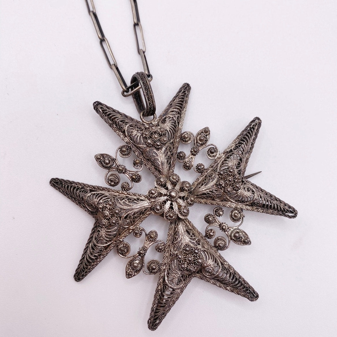 Vintage Metal Artwork Maltese Cross Silver Tone on Paper Clip Necklace 16”