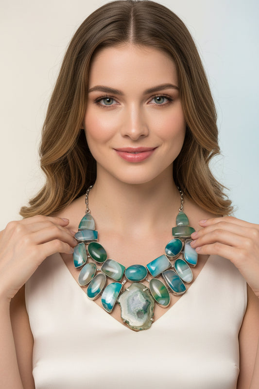 Dyed White Agate Green Tone Sterling Silver Statement Necklace