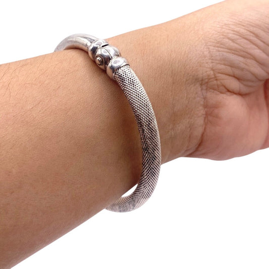 Vintage Sterling Silver Bangle Half Hollow and Half Mesh 8”