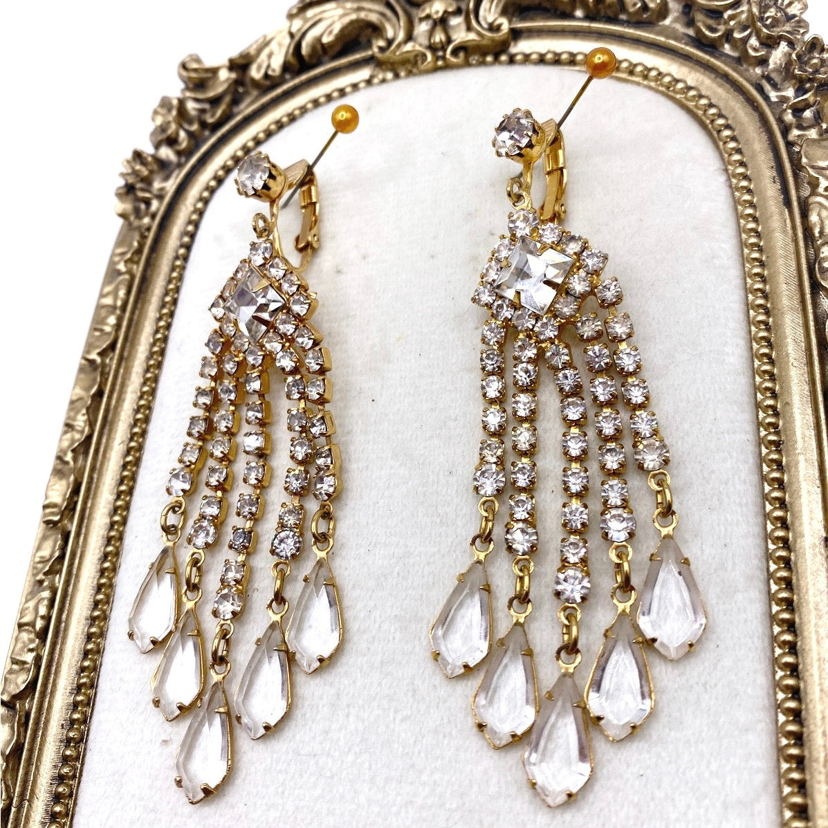 Vintage Glass and Rhinestones Chandelier Clip On Earrings 3"