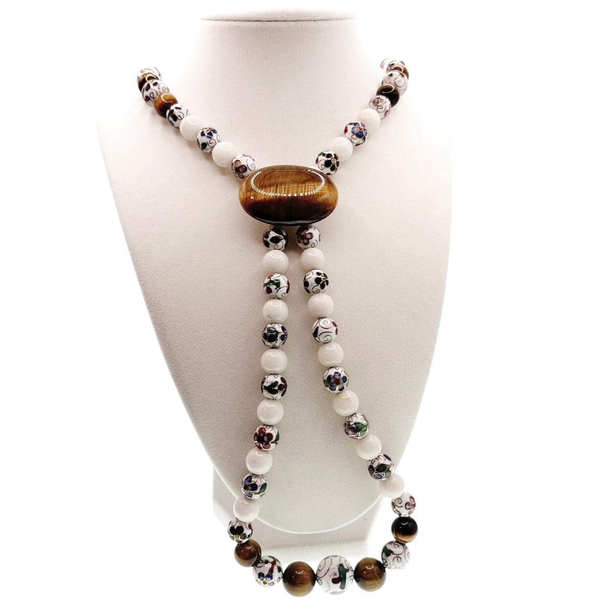 Jadeite Cloisonné and Tiger Eye Vintage Chinese Necklace 36”