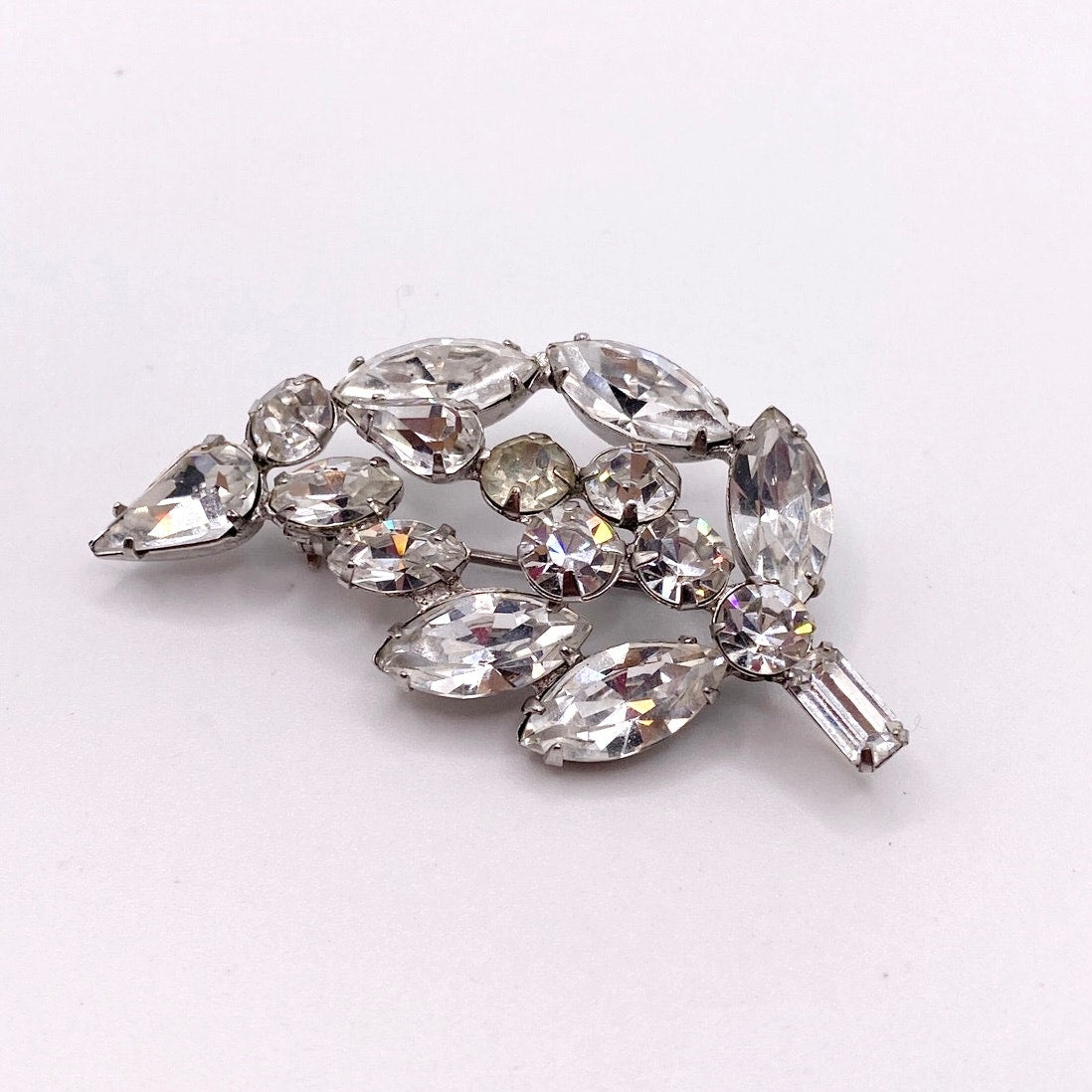 Vintage White Rhinestones Brooch Leaf Motifs