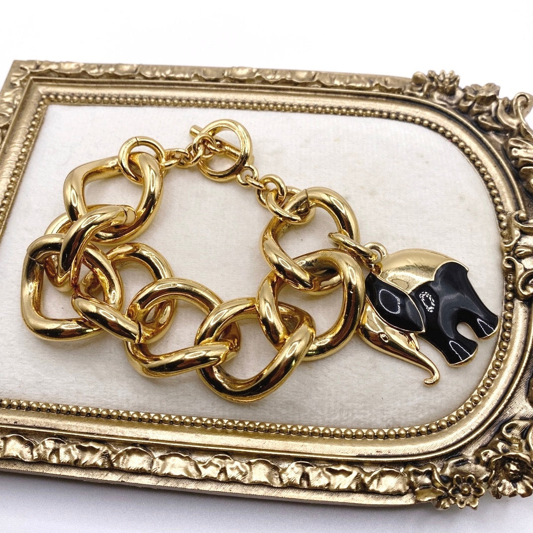Trina Turk Vintage Chunky Links Bracelet Gold Tone Elephant Charm 8”