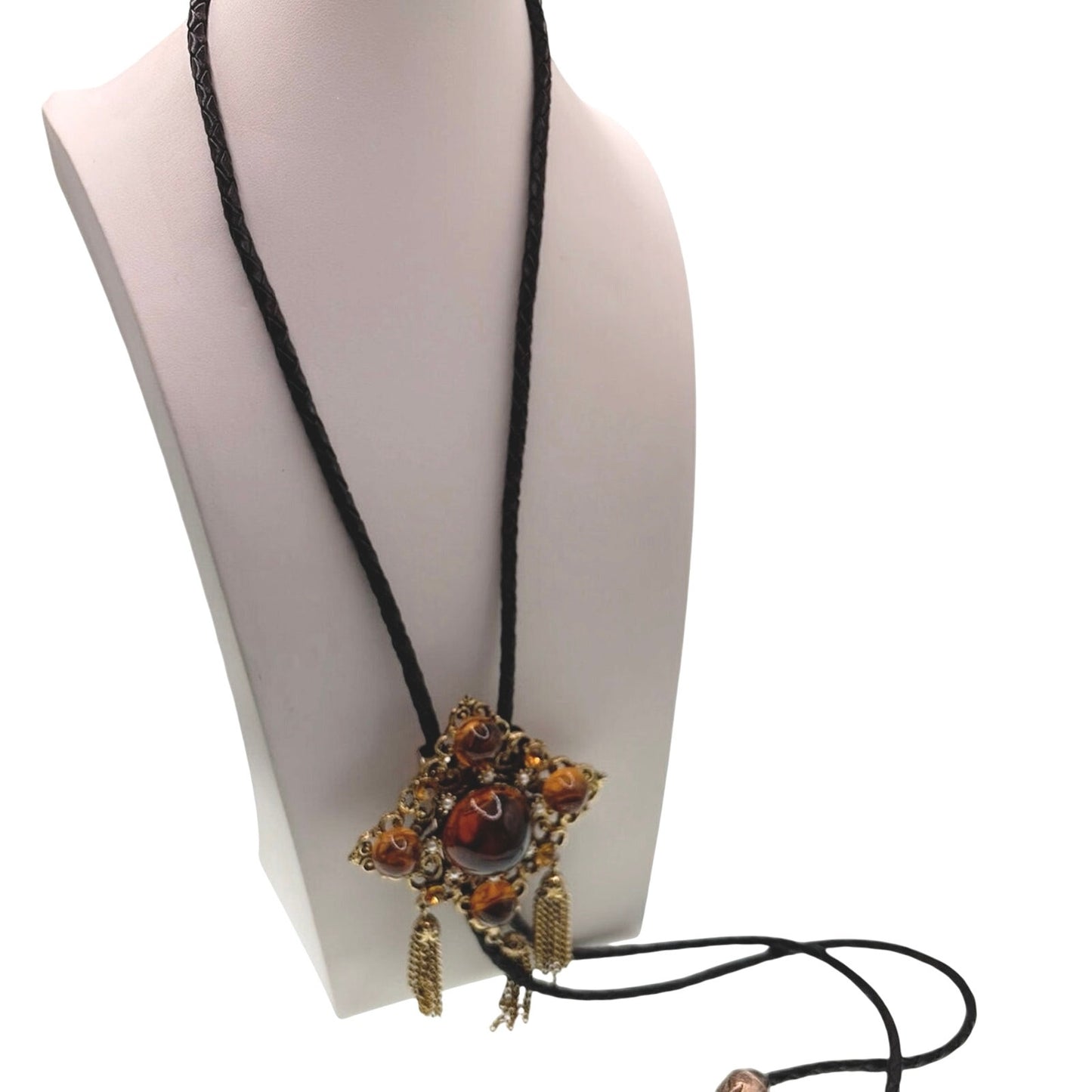 Vintage Bolo Tie Necklace Brown Molded Glass cabochon