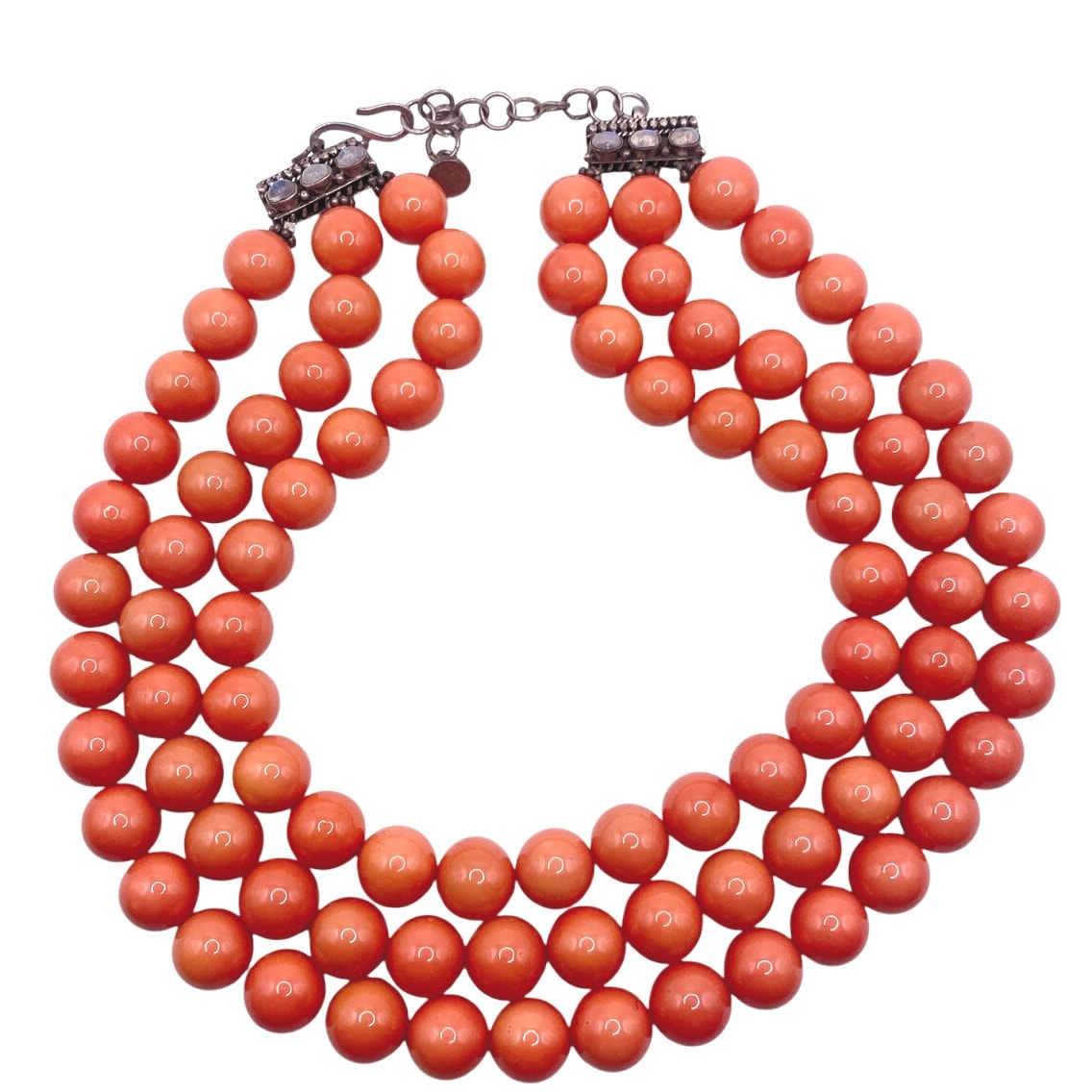 Bohemian Glass in Orange Coral Tone Coated with Sterling and moonstone closure