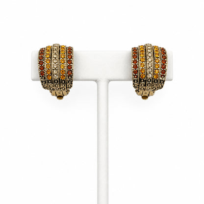 3cm Long Retro Clip On Earrings Yellow and Orange Rhinestones