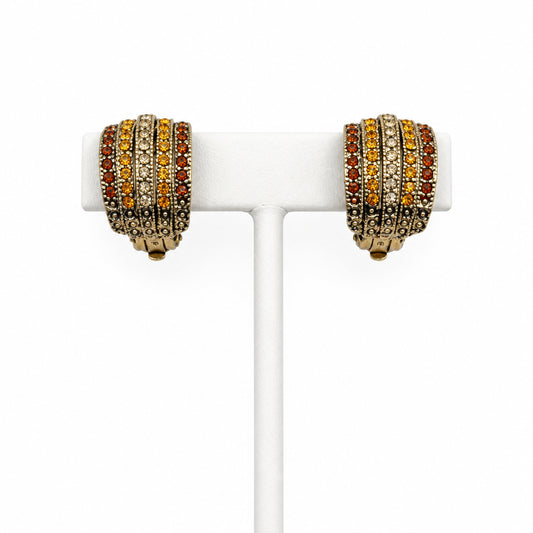 Retro Clip-on Earrings with Yellow Orange Rhinestone Design, 3cm Long Statement, Good Condition