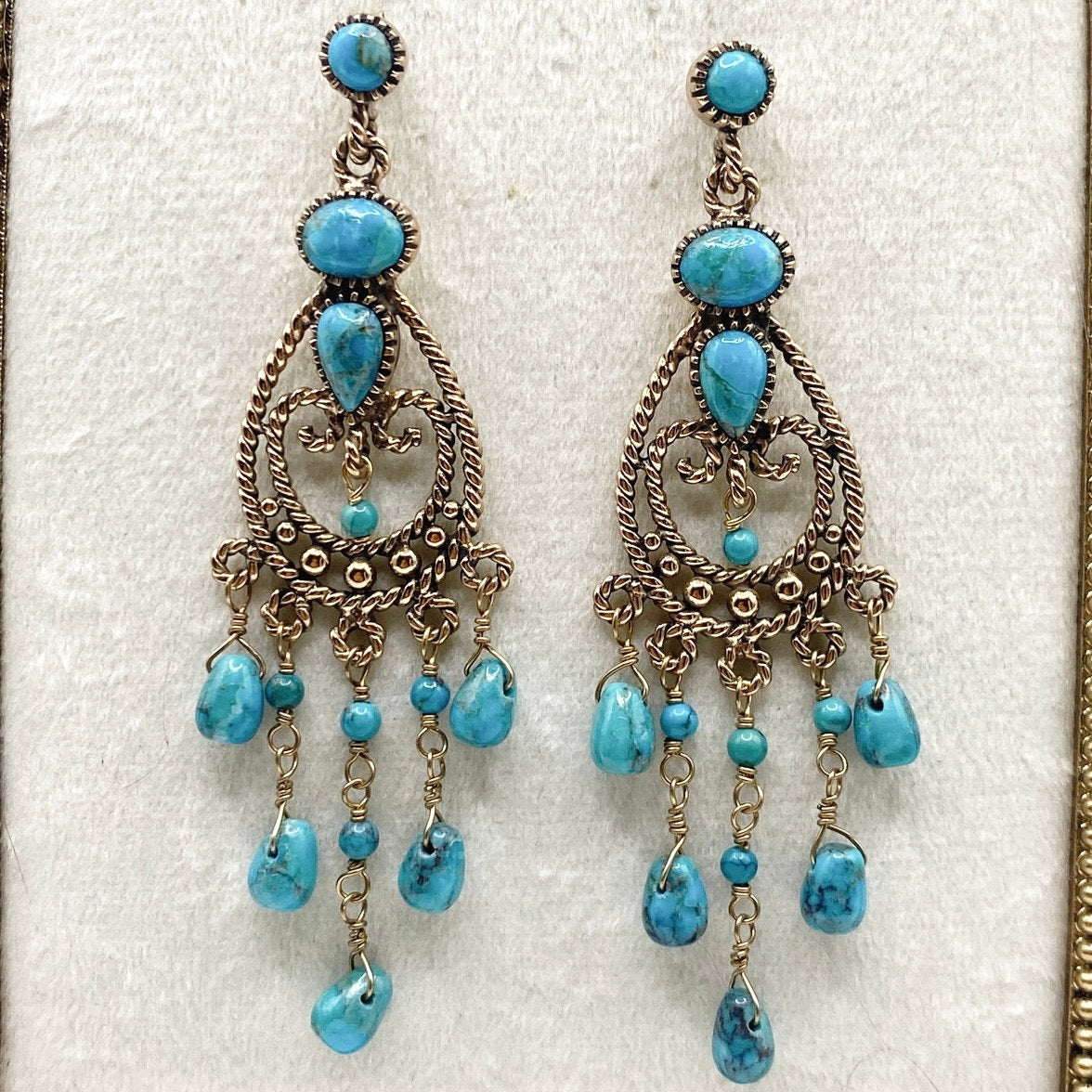 Barse Vintage Gold Filled And Turquoise Chandelier Dangling Studs Earrings 3”