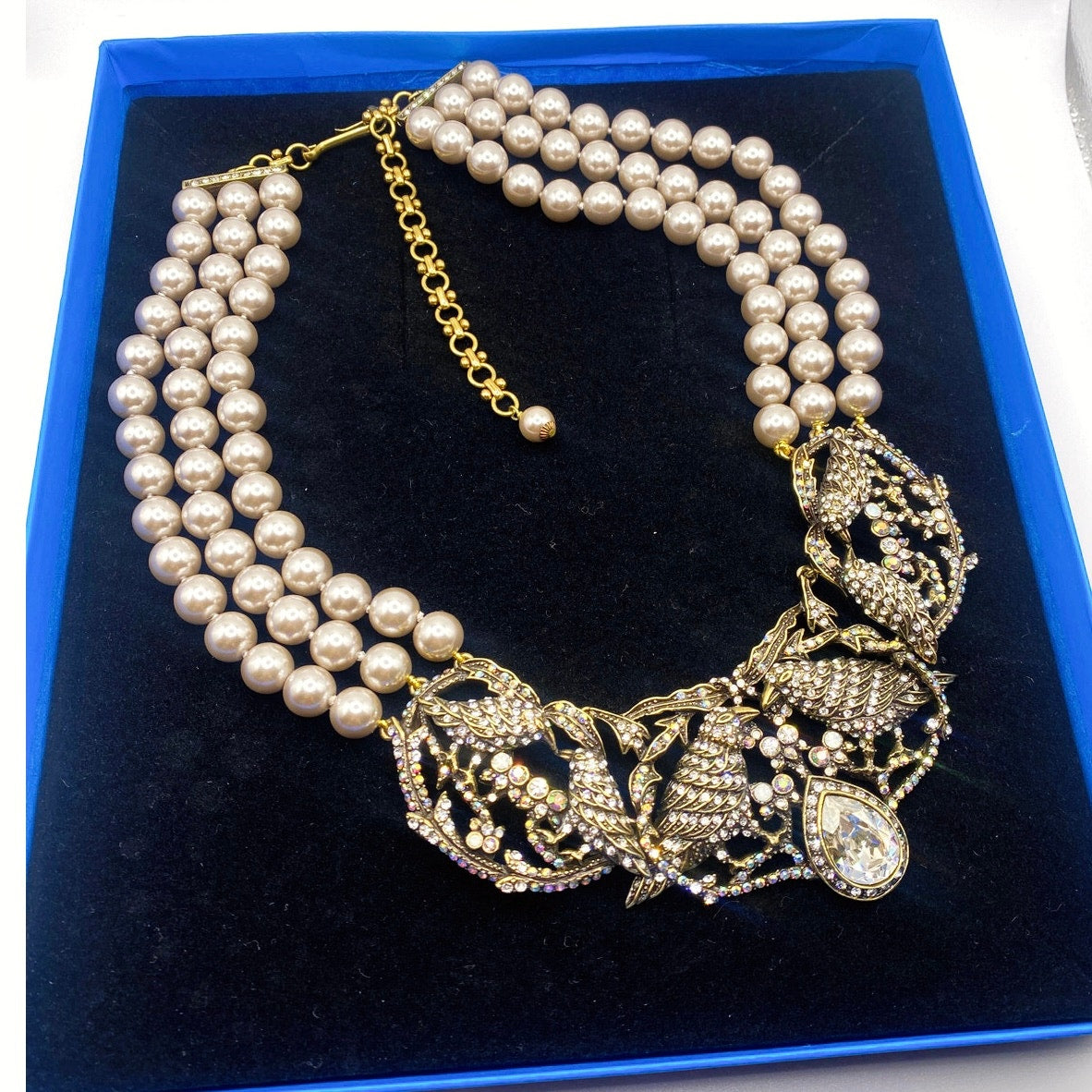 Hedi Daus Vintage Statement Necklace with Faux Pearls and AB Rhinestones Birds Motifs