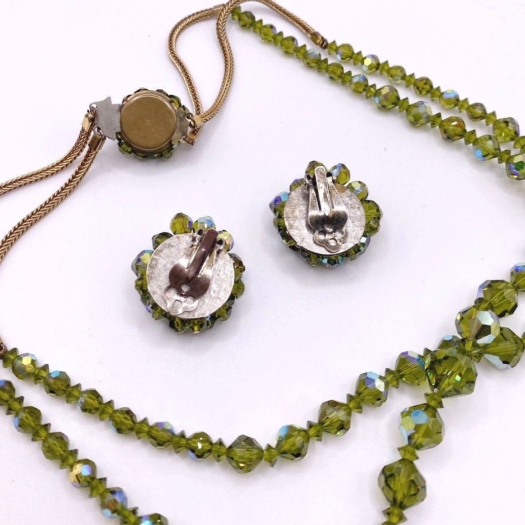 Vntg Double Strand Green Austrian Crystal Necklace 17” and Clip on Earrings Set