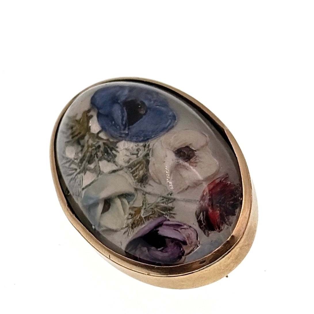 Art Deco Vintage Gold Plated Silver Dried Flowers Encapsulated Box Brooch