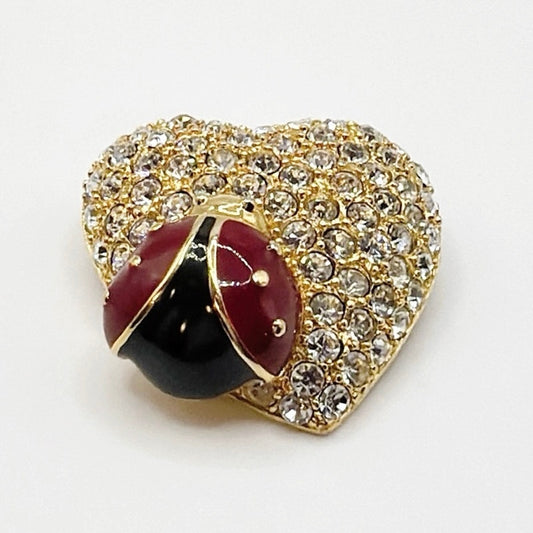 Monet Lady Bug and Rhinestones Heart Vintage Brooch