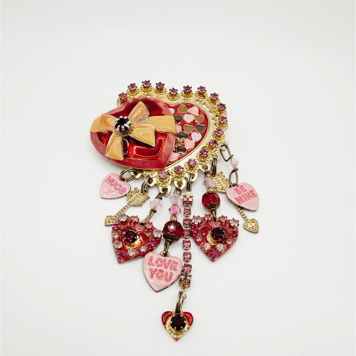 Lunch At The Ritz Pink Valentine Heart Vintage Brooch with Dangling Charms