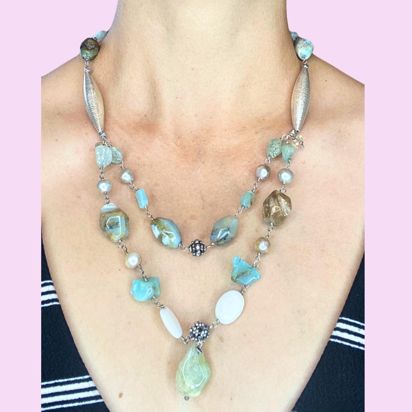 St Silver Necklace Aquamarine Stones Other Gems