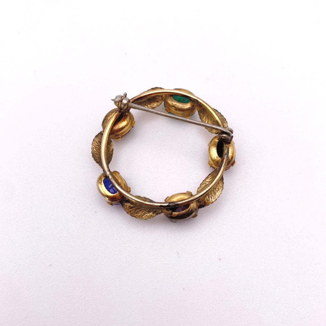 Vintage Gold Plated Filigree Brooch Egyptian Revival with Gemstones Scarabs