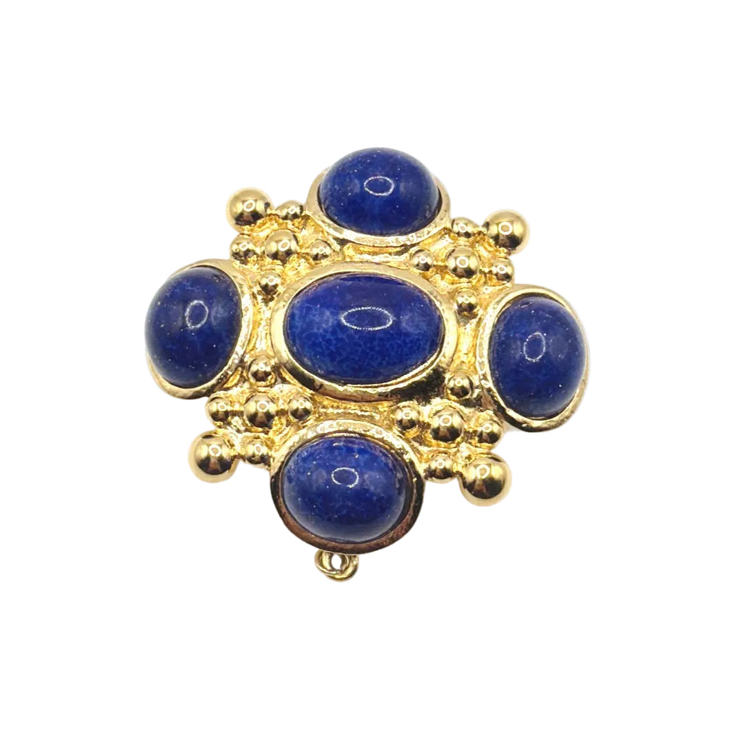 Maltese Cross Vintage Brooch With Faux Lapis Blue Cabochons 1.5”