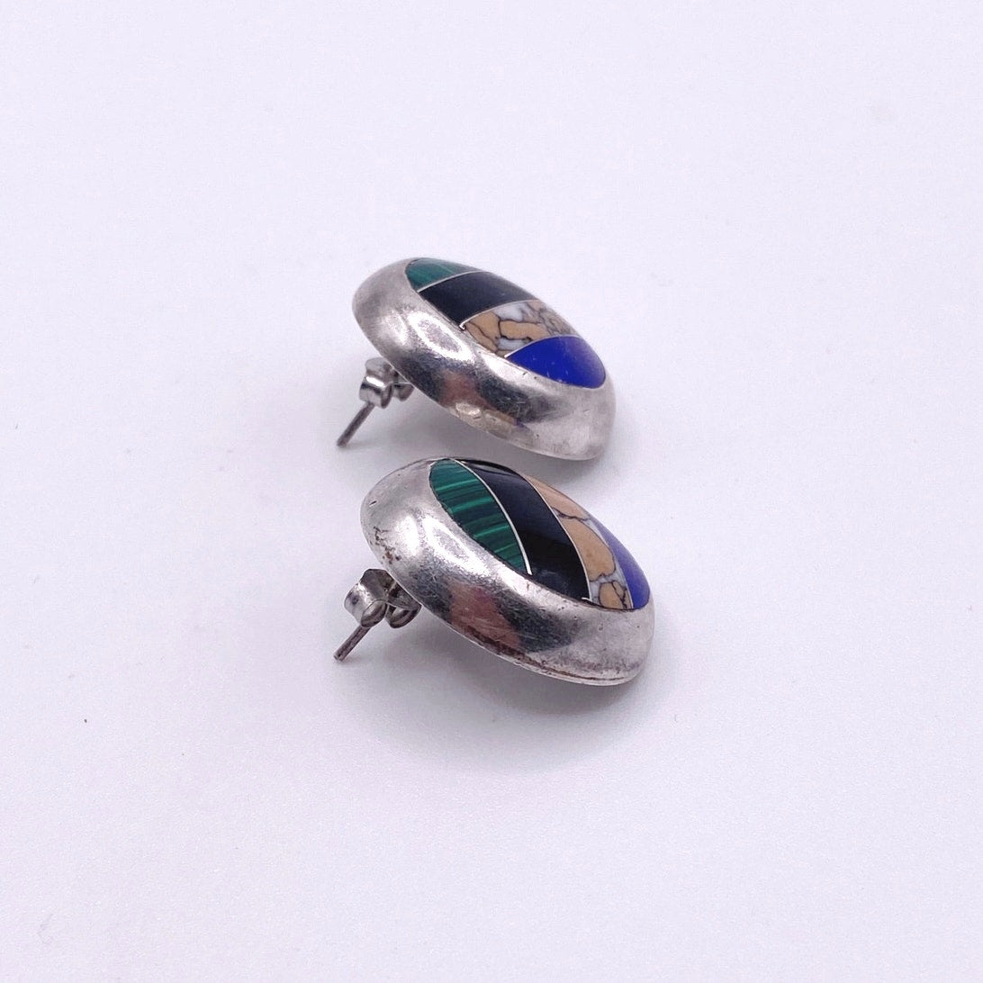 Sterling Silver and Inlaid Gemstones Studs Earrings 2.5cm Long