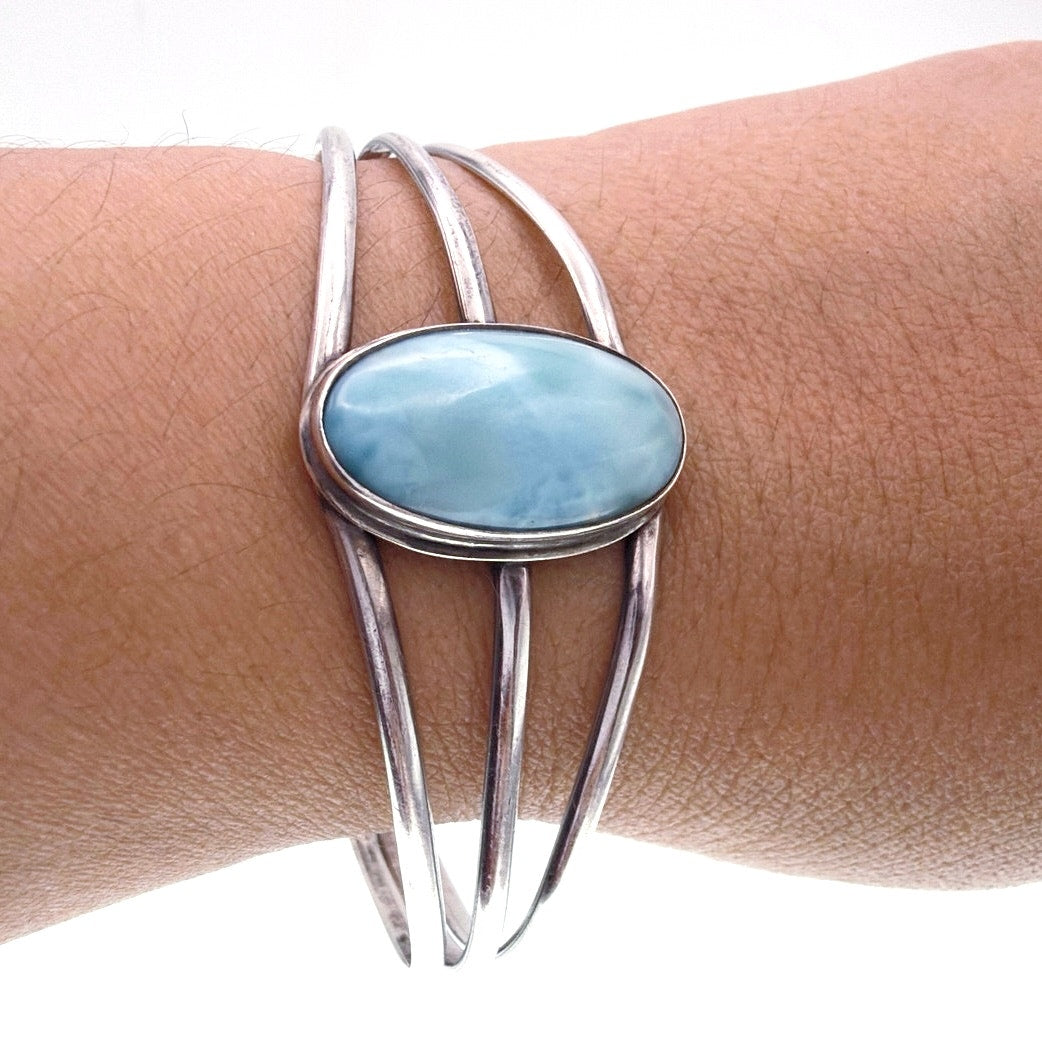 Larimar Stone and Sterling Silver Open Cuff Bracelet 6”