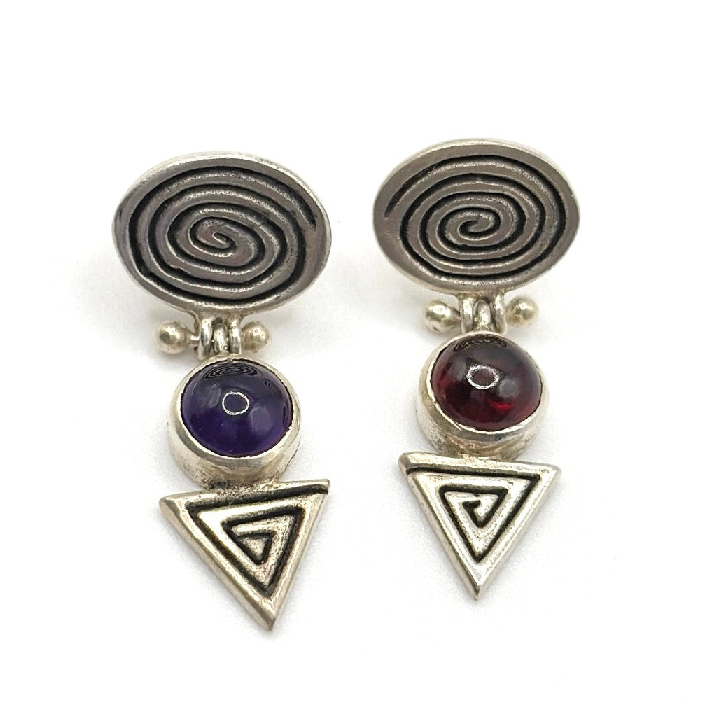 Sterling Silver and Pink and Purple Tourmaline Pierced Earrings