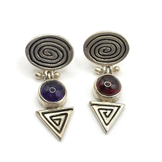 Sterling Silver and Pink and Purple Tourmaline Pierced Earrings