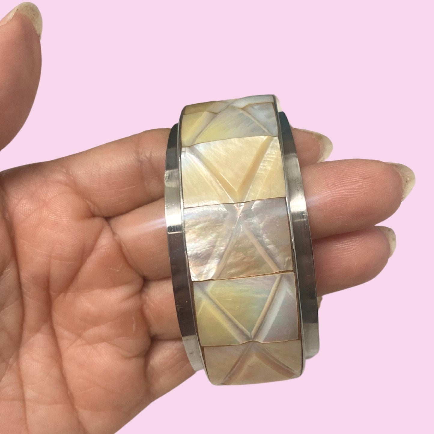 Vtg Mother of Pearl Carved Cuff Bracelet