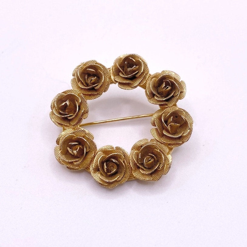 Vintage Mesh Metal Flower Crown Brooch Gold Tone Filigree