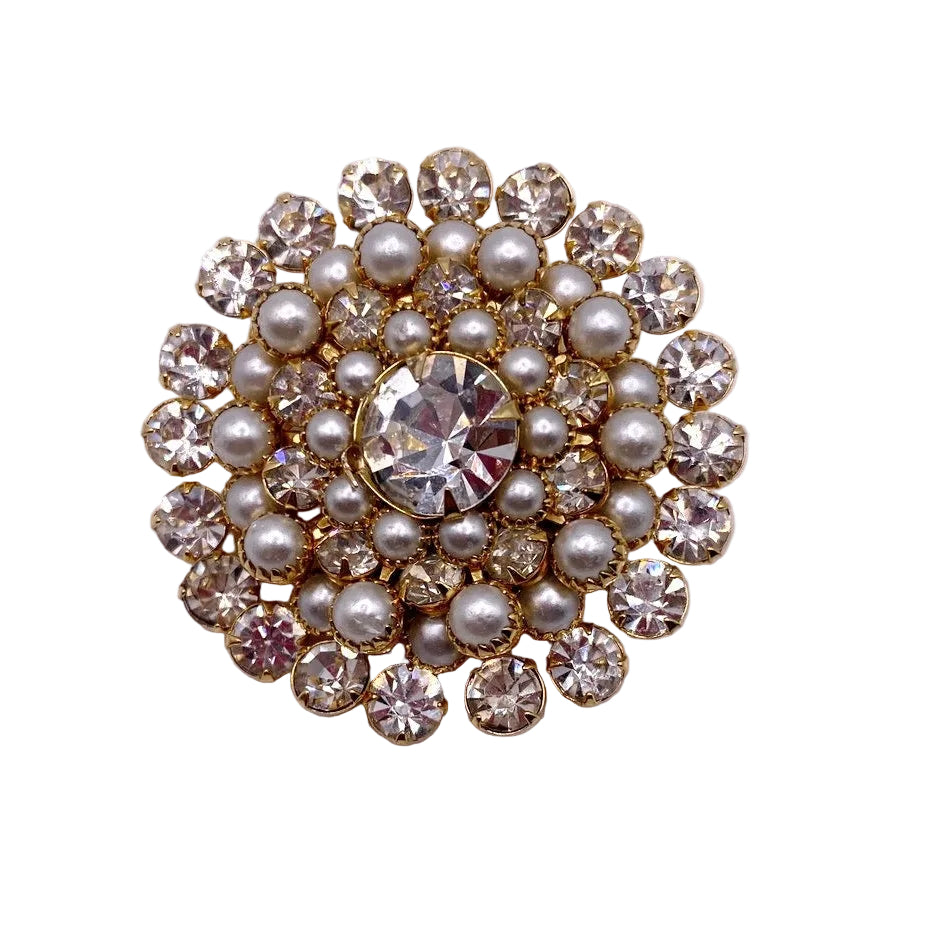 Judy Lee Faux Pearl and Rhinestones Roseta Brooch