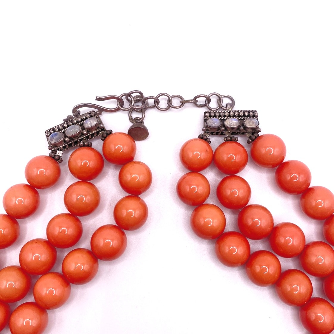 Bohemian Glass in Orange Coral Tone Coated with Sterling and moonstone closure