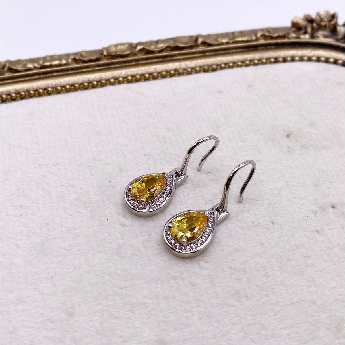 Sterling Silver Earrings with Dangling Citrine Cubic Zirconia Tear Drop 1cm