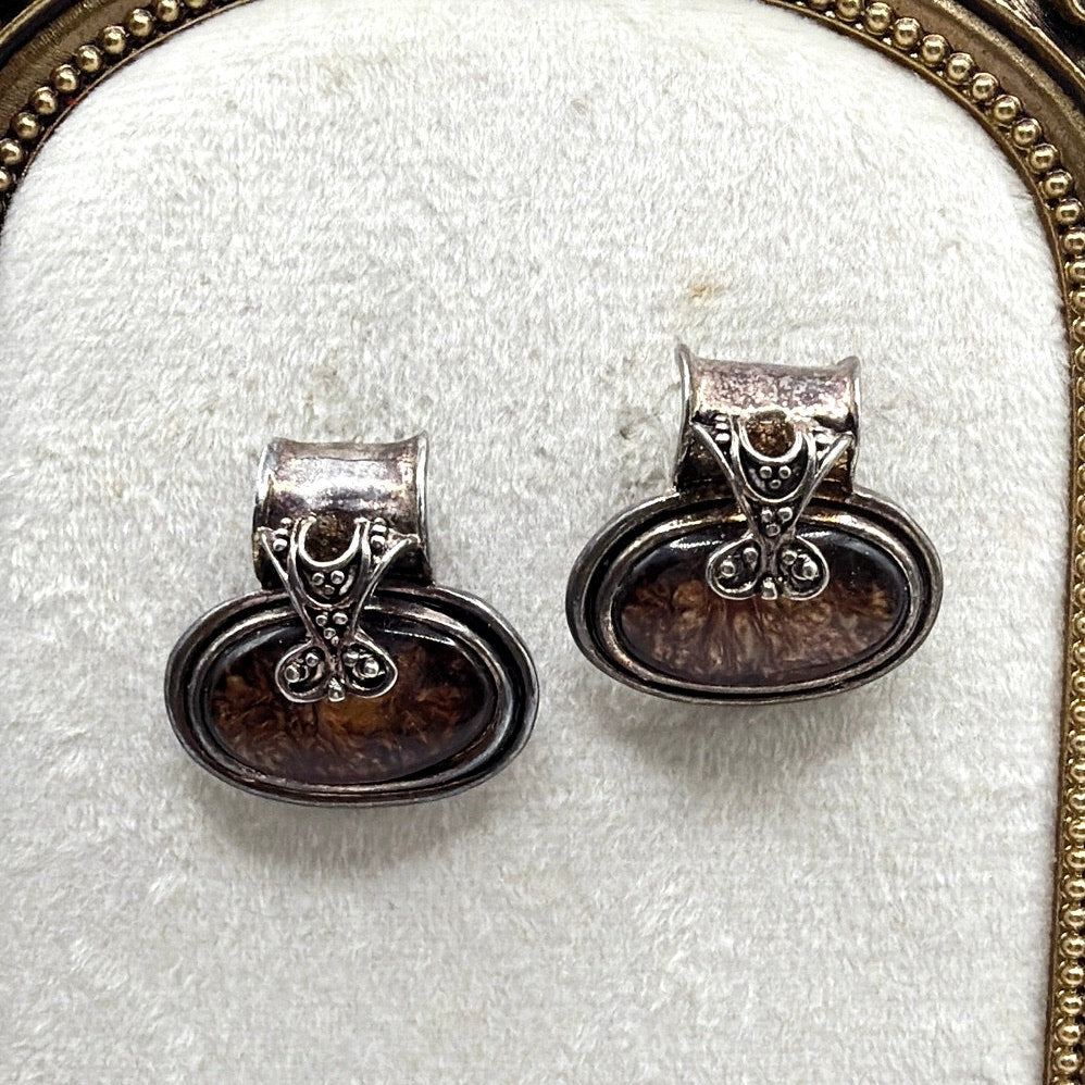 Vintage Gunmetal Tone Retro Style Studs with Brown Marble Stone