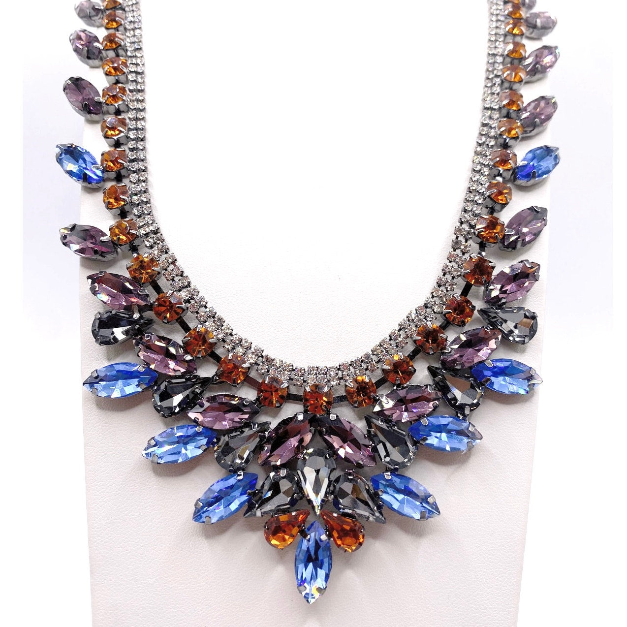 Full Rhinestones Statement Necklace Gunmetal Tone and Blue Orange Purple 18”