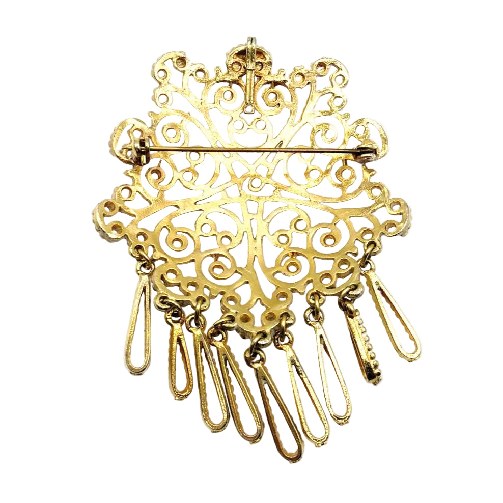 Large White and Gold Tone Filigree Brooch and Pendant with Dangling Charms 2.5”