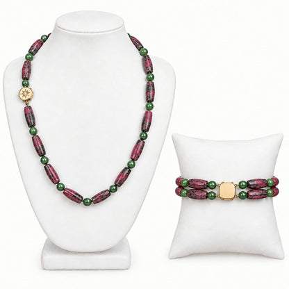 14k Gold Box Closure Vintage Rhodonite Barrel Stones Necklace and Bracelet Set
