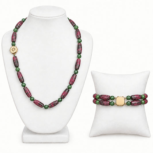 14k Gold Box Closure Vintage Rhodonite Barrel Stones Necklace and Bracelet Set