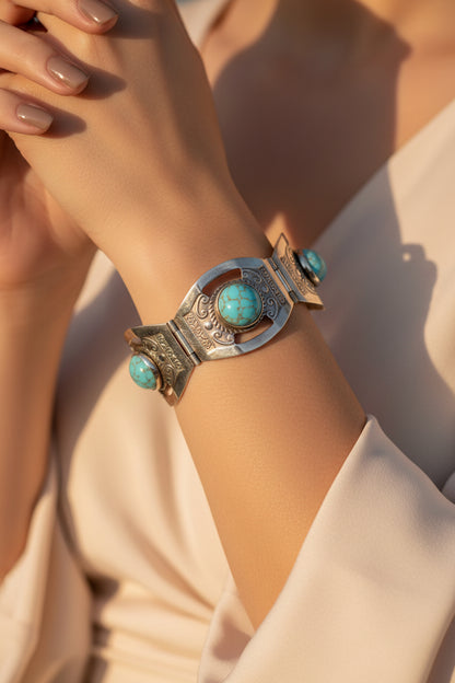 Hecho en Mexico Sterling Silver And Faux Turquoise Vintage Hinged Bracelet 7”