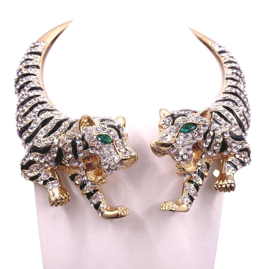 Double Tiger Full Rhinestones Collar Statement Necklace