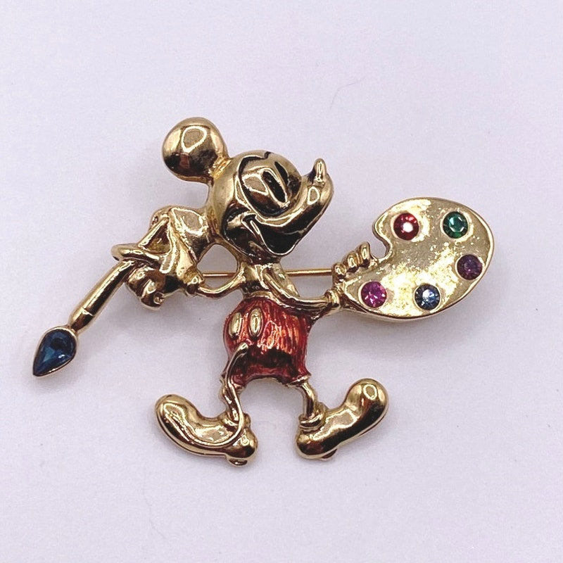 Vintage Mickey Mouse Artist Paint Pallet Brooch With Rhinestones